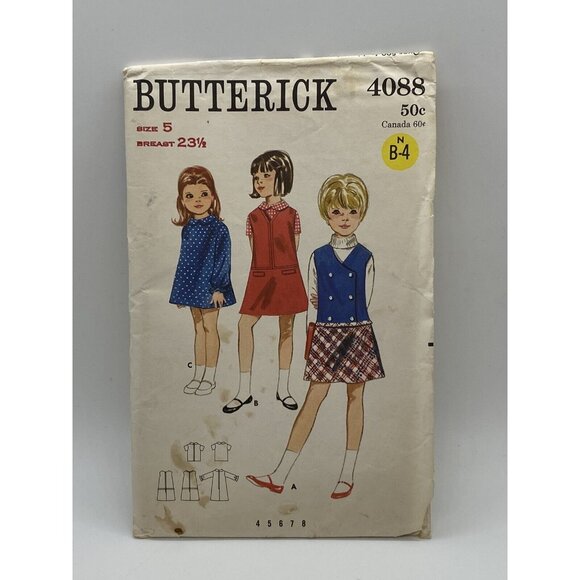 Butterick Child's Wrap Dress Blouse Jumper Size 5 Sewing Pattern 4088 Vintage - Picture 1 of 2